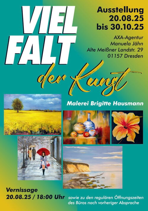 Plakat zur Vernissage "Vielfalt der Kunst" mit Gemälden von Brigitte Hausmann