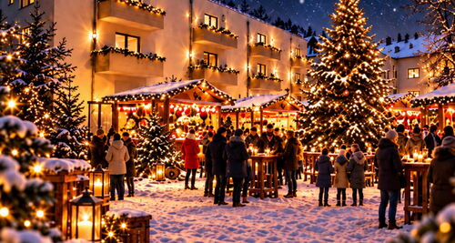 Cossebauder Elbfunkeln | Weihnachtsmarkt der Unternehmensgruppe Uwe Köhn: Grafik, die versch. Menschen auf einem Weihnachtsmarkt zeigt (KI-generiert)