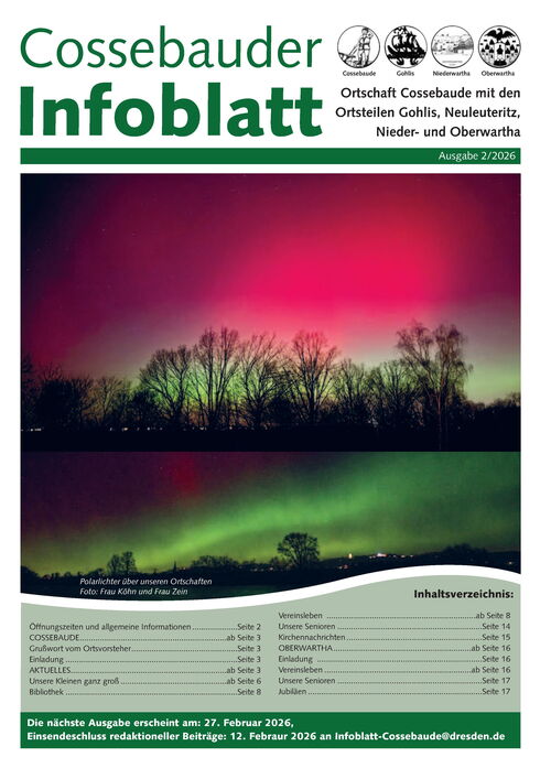 Cossebauder Infoblatt Februar 2026 | Titelblatt: Polarlichter über den Elbwiesen