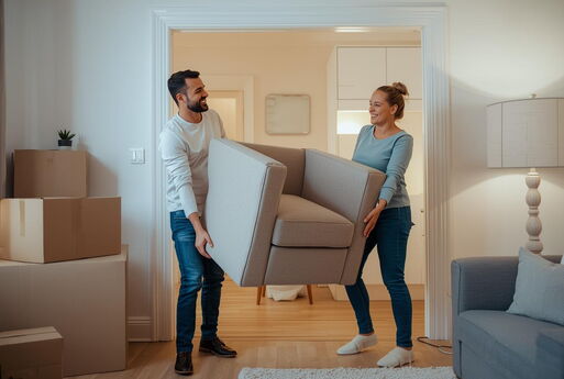Wohnsitz online melden: Ein Mann und eine Frau tragen gemeinsam einen Sessel in ihr neues Wohnzimmer.