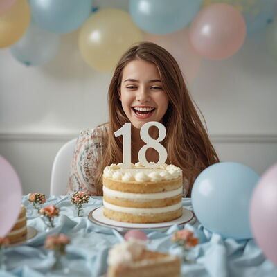 Eine Jugendliche feiert ihren 18. Geburtstag. Vor ihr ist ein festlich gedeckter Tisch mit einer Torte, auf der die Zahl 18 zu sehen ist.