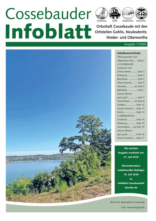 Cossebauder Infoblatt Ausgabe Juli 2026 | Titelbild: Blick über die Böschung auf das Wasser des Stauseebads