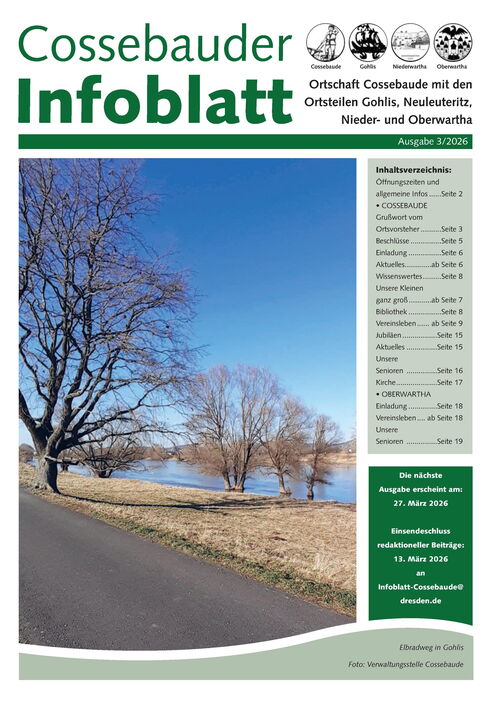 Cossebauder Infoblatt März 2026 | Titelblatt: Blick vom Elberadweg auf die Elbauen in Cossebaude