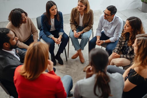 Mehrere Personen sitzen in einem Kreis und diskutieren Lösungsansätze.