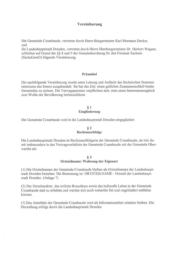 Eingemeindungsvertrag Cossebaude