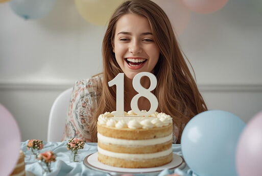 Eine Jugendliche feiert ihren 18. Geburtstag. Vor ihr ist ein festlich gedeckter Tisch mit einer Torte, auf der die Zahl 18 zu sehen ist.